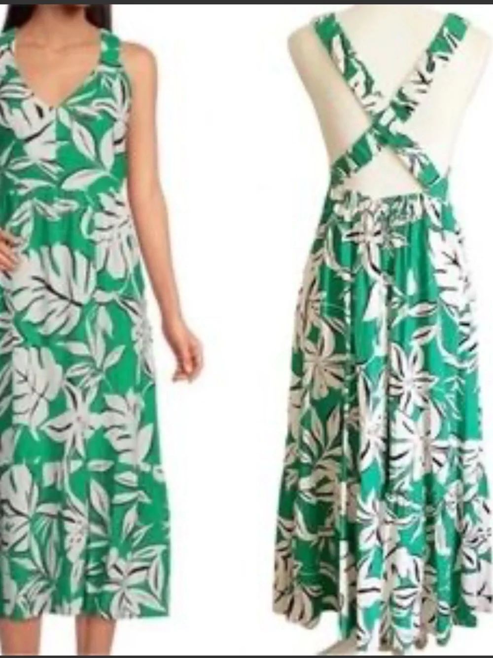 EveryโGreen White Tropical Floral Linen Blend Cross Back Maxi Dress Resort M